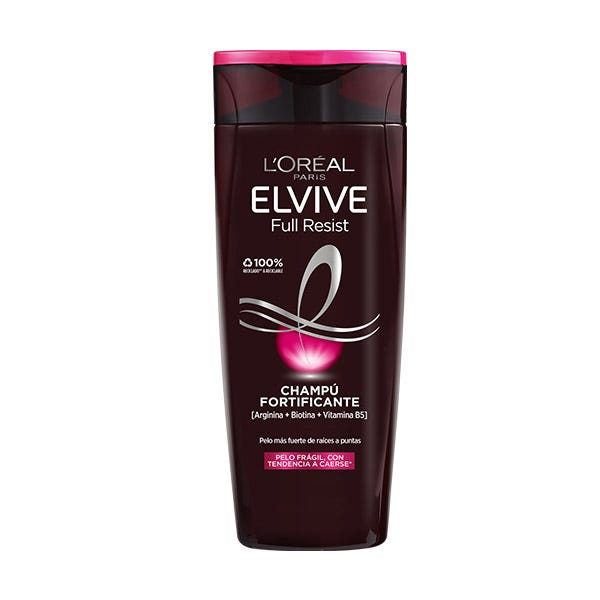 L'Oréal Elvive Full Resist Strengthening Shampoo in a dark burgundy bottle, featuring a sleek design, 370 ml capacity, and a pink floral emblem on the front.