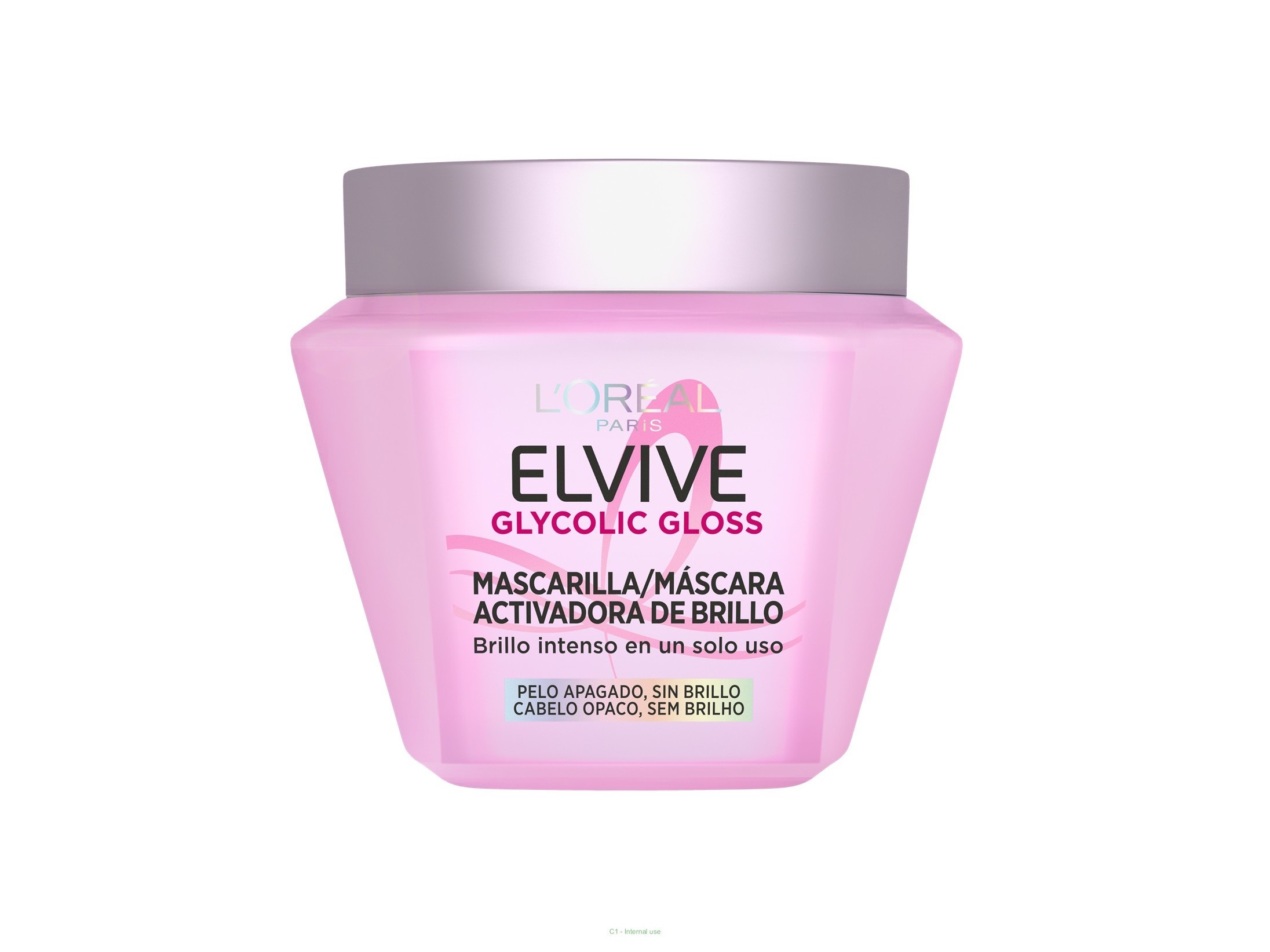 Pink jar of L'Oreal Elvive Glycolic Gloss hair mask, 310ml, featuring a glossy finish and bold text highlighting its shine-activating properties for dull hair.