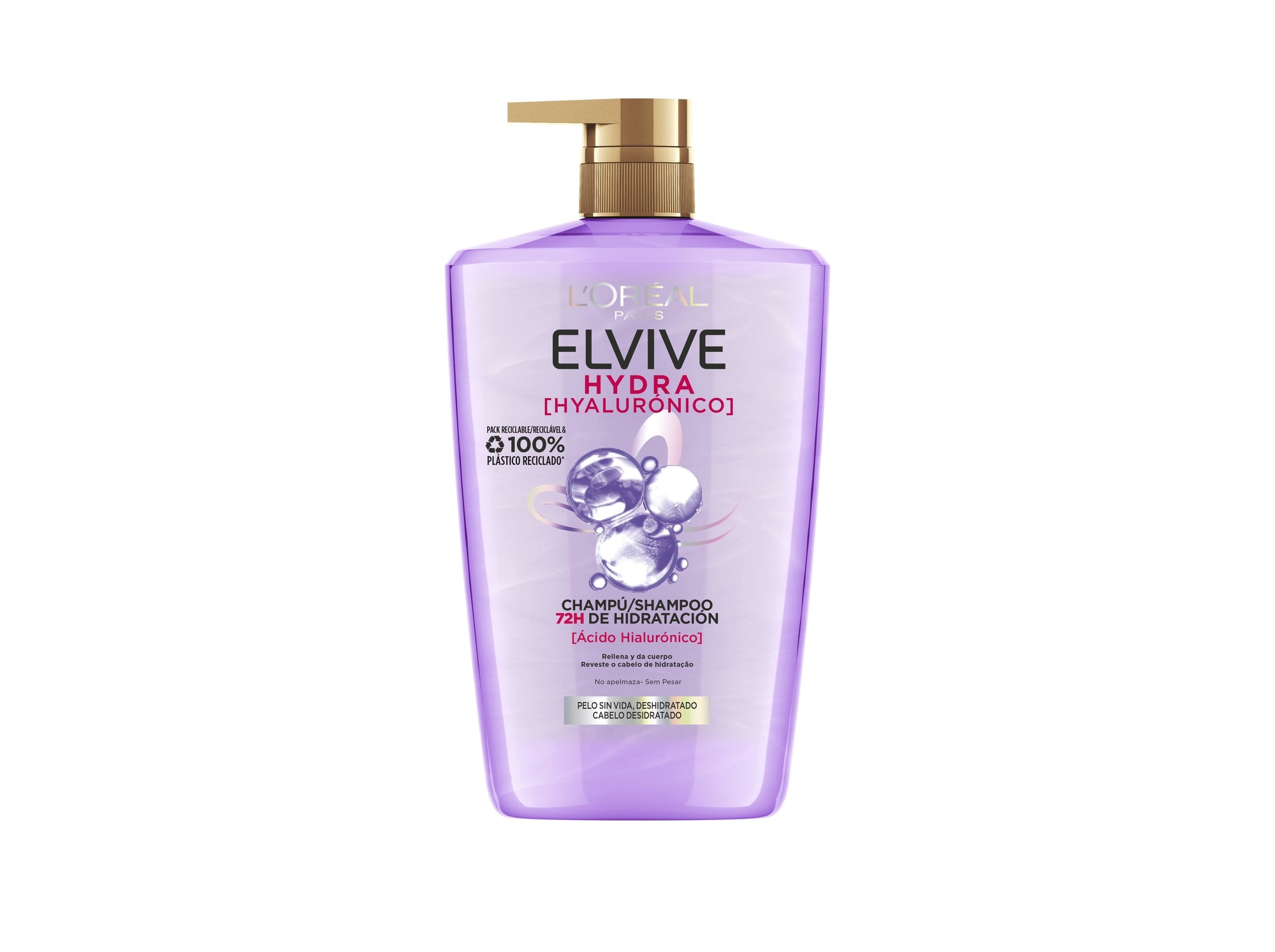 Purple plastic bottle of L'Oreal Elvive Hialurónico shampoo, featuring a pump dispenser, labeled with "ELVIVE HYDRA" and "100ml" in bold text.