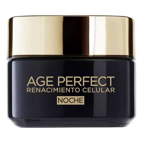 Black jar with a gold lid, featuring "AGE PERFECT" and "RENACIMIENTO CELULAR NOCHE" in gold lettering, containing 50 ml of L'Oreal Paris anti-ageing night cream.