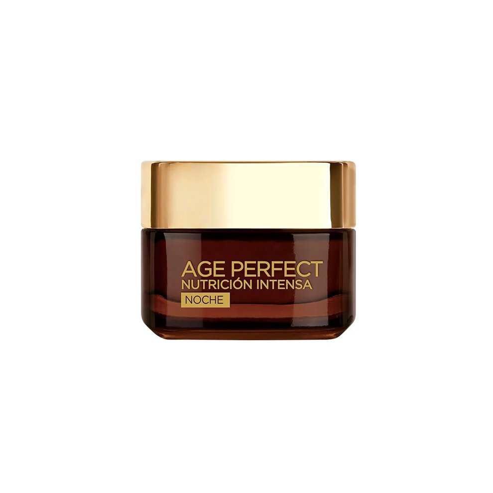L'Oreal Paris Age Perfect Nutricion Intensa night cream in a sleek, dark amber glass jar with a gold lid, labeled in bold black and gold text.