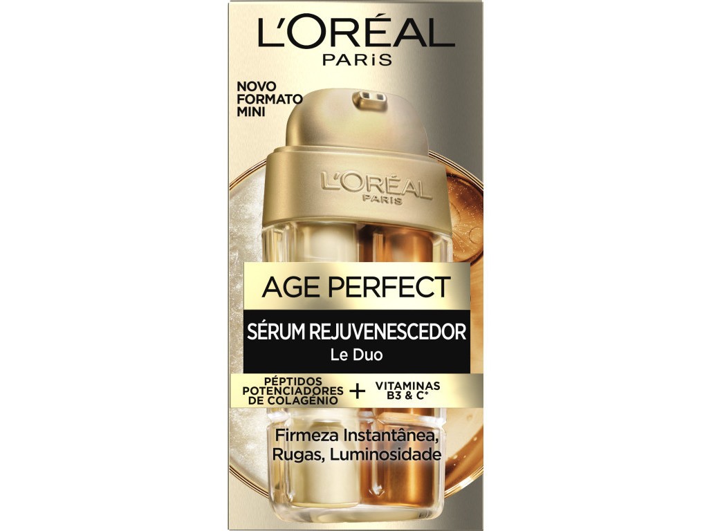 L'Oreal Paris Age Perfect Sérum Le Duo Mini in a 15ml bottle, featuring a gold and black design with text highlighting collagen peptides and vitamins B3 and C for rejuvenation.