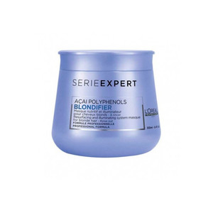 Light purple, round jar with a matte finish, labeled "Serie Expert Blondifier" and "Acai Polyphenols," containing 16.9 oz of hair masque for blondes.
