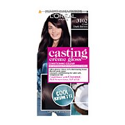 L'Oréal Paris Casting Crème Gloss hair dye box featuring "3102 Cool Dark Brown" shade, with a glossy finish, model image, and bright pink text highlighting key features.