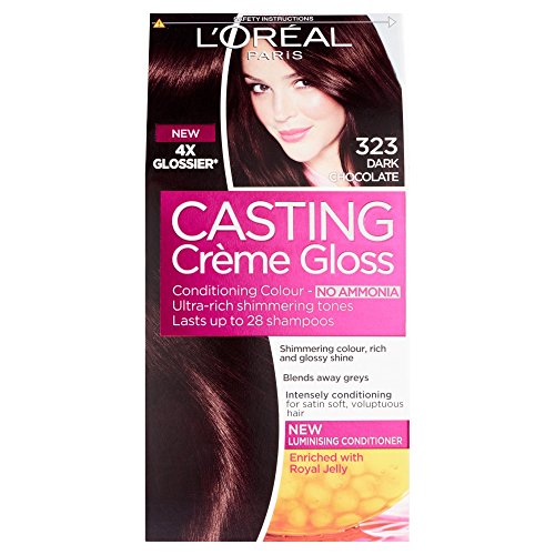 L'Oreal Casting Crème Gloss 323 Dark Chocolate hair dye box featuring a model with shiny dark hair, bold pink and white branding, and highlights the product's ammonia-free formula.