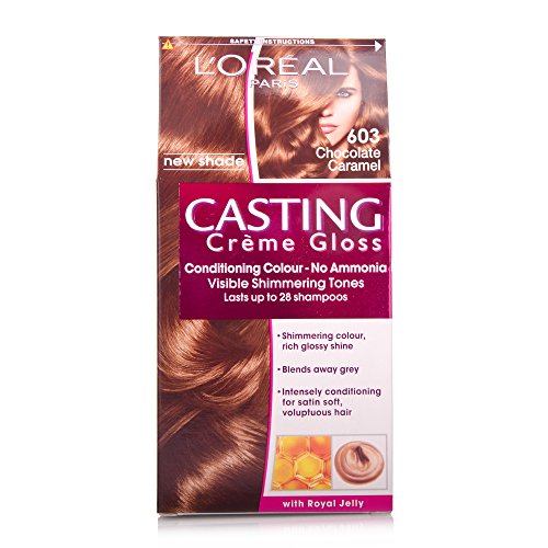 L'Oréal Paris Casting Crème Gloss hair dye box in 603 Chocolate Caramel features a glossy brunette shade, highlighting shimmering tones and conditioning benefits, with a model showcasing vibrant hair.
