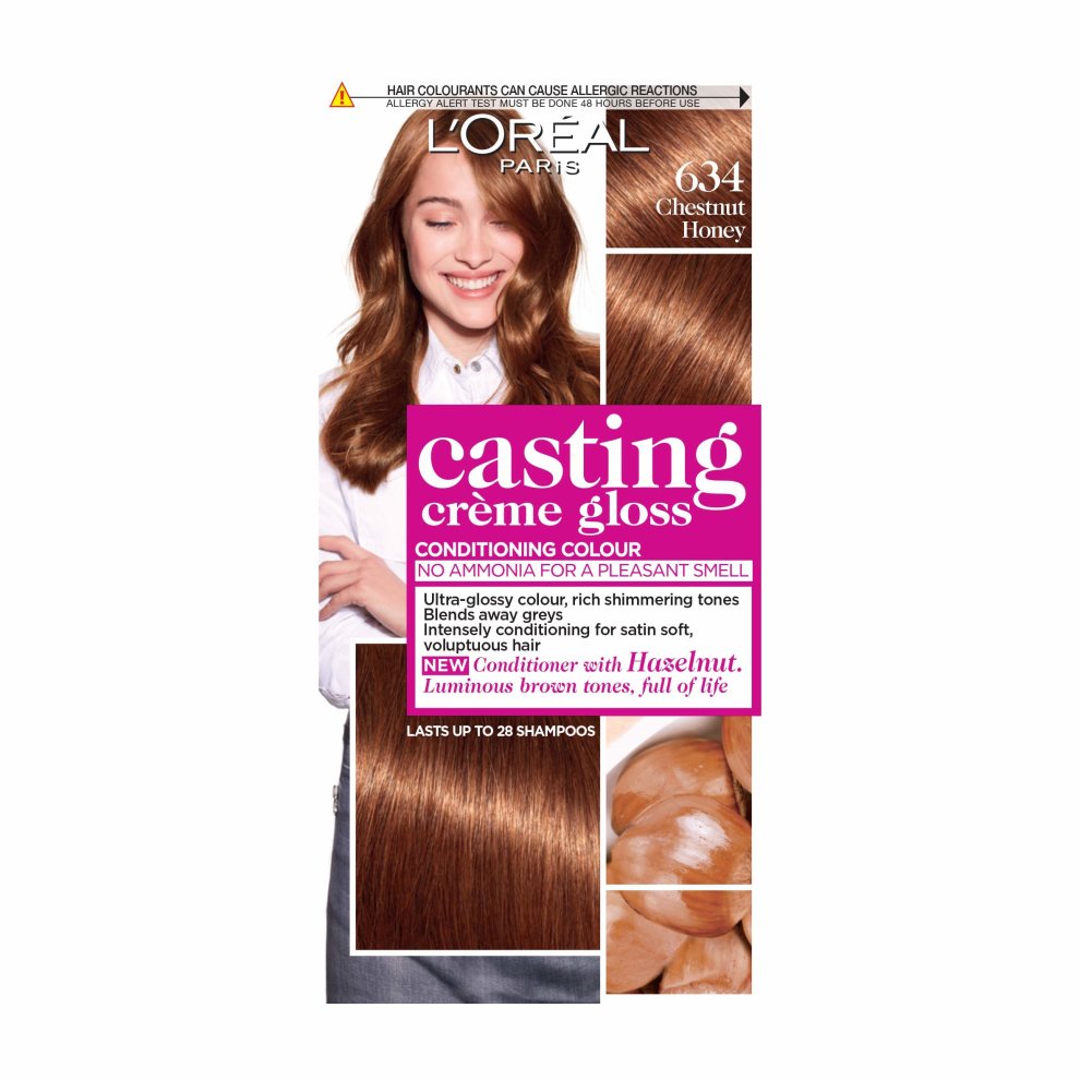 L'Oreal Paris Casting Creme Gloss 634 Chestnut Honey hair dye box featuring a smiling model with shiny, chestnut hair, and details about the product's features and benefits.