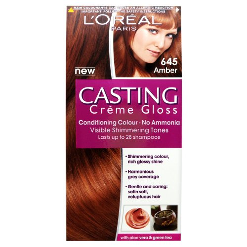 L'Oreal Paris Casting Creme Gloss in shade 645 Amber, featuring a glossy red-brown color, conditioning formula, and claims of lasting up to 28 shampoos, with aloe vera and green tea.