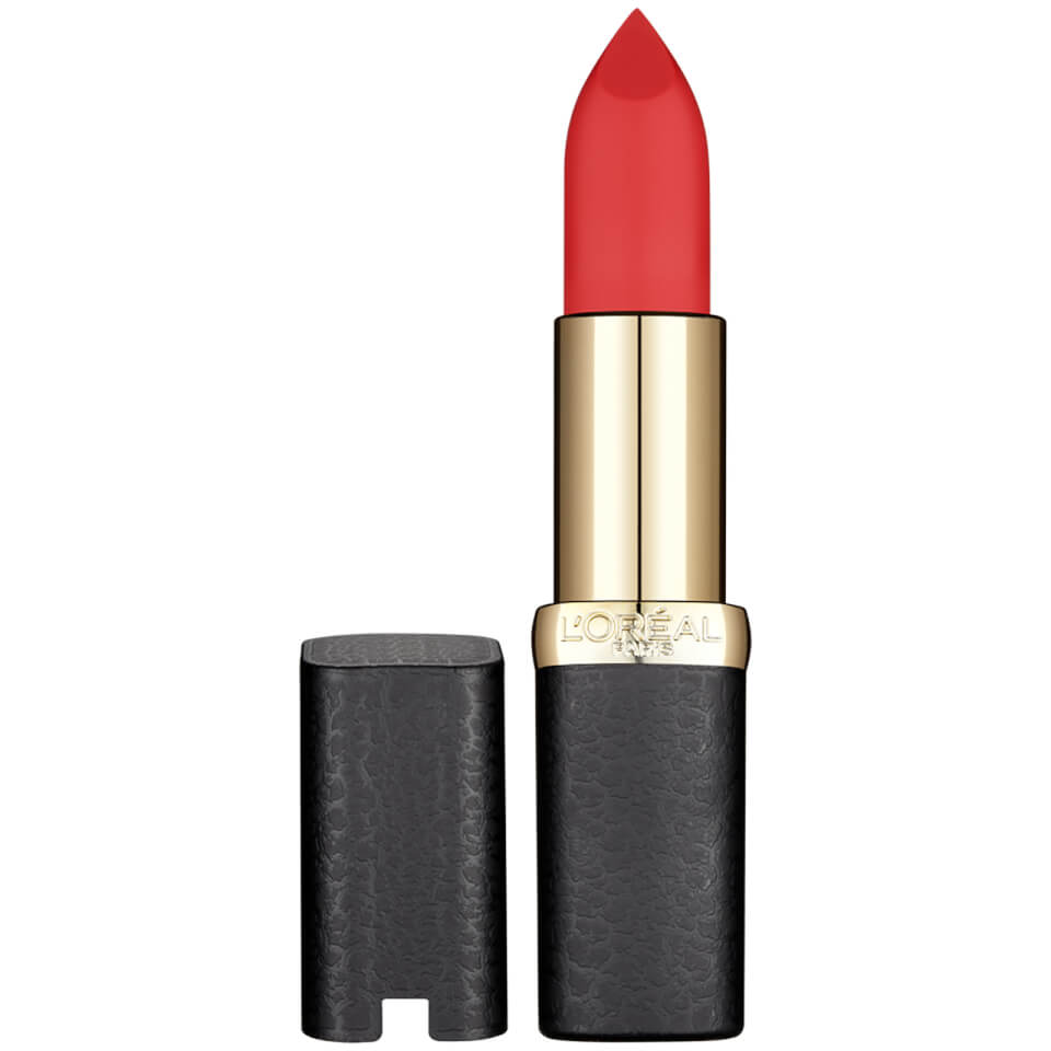 L'Oreal Paris Color Riche Matte Lipstick in shade 346 Scarlet Silhouette, featuring a sleek black and gold tube with a pointed red lipstick bullet.