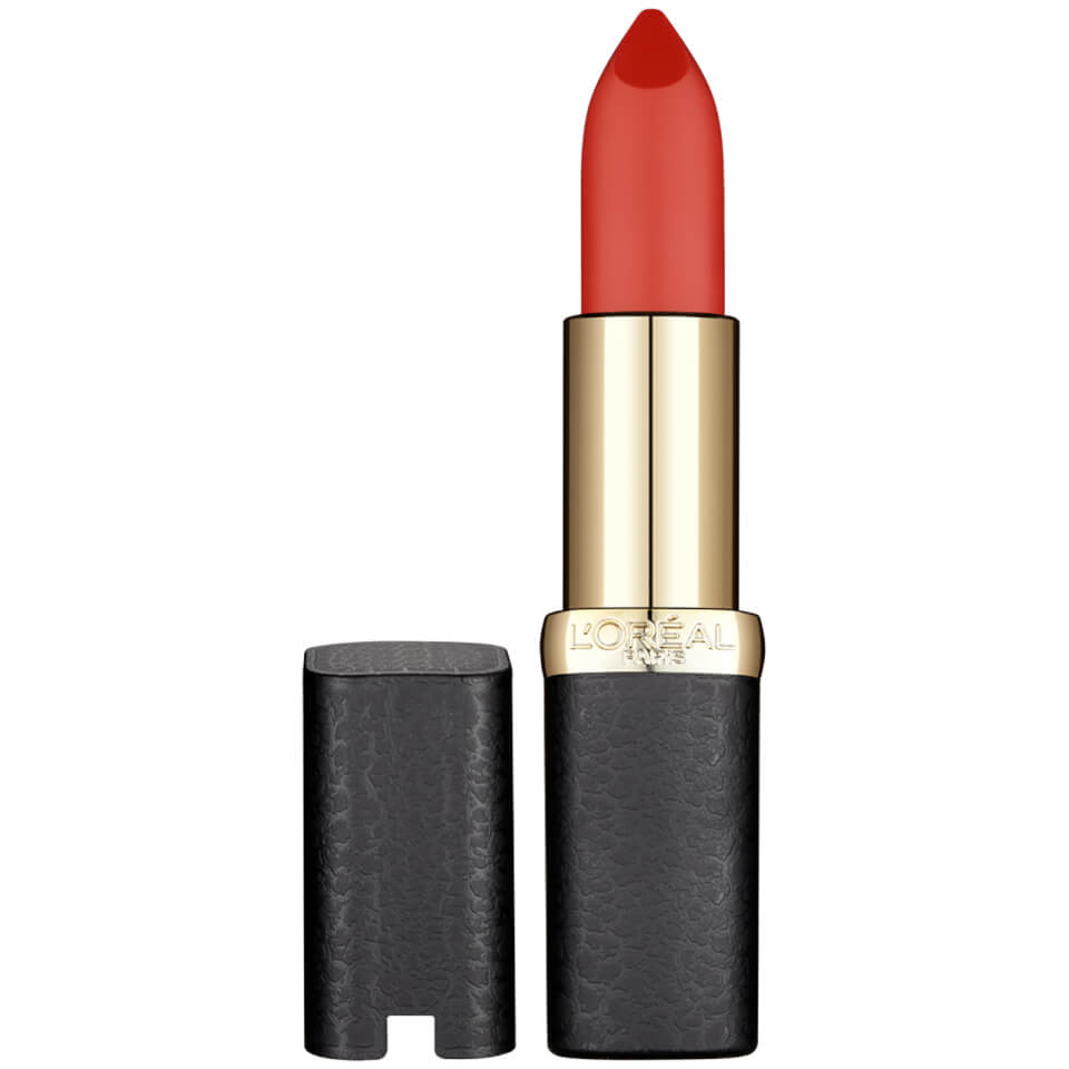 L'Oréal Color Riche Matte Addiction Lipstick in shade 348 Brick Vintage, featuring a vibrant red hue, housed in a sleek black and gold tube with a textured finish.