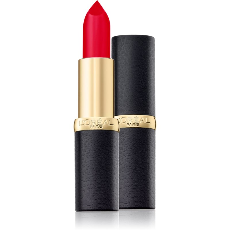 L'Oreal Paris Color Riche Magnetic Stones Matte Lipstick in shade 358 Lava, featuring a bold red bullet and a sleek black textured casing with gold accents.