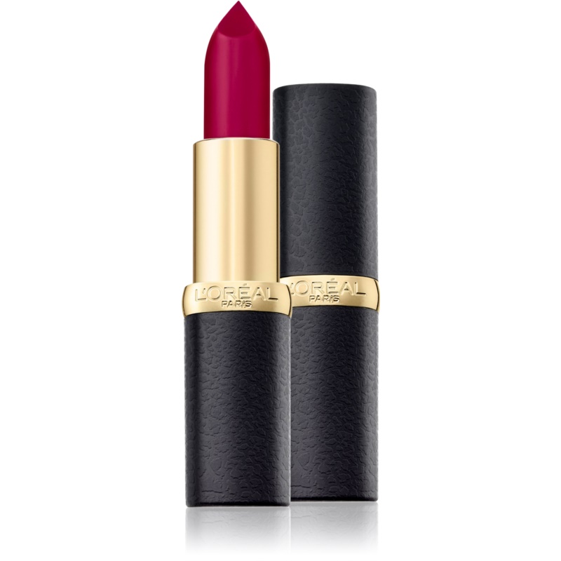 Matte plum lipstick in a sleek black tube with a textured finish, featuring a gold band and L'Oreal Paris branding.
