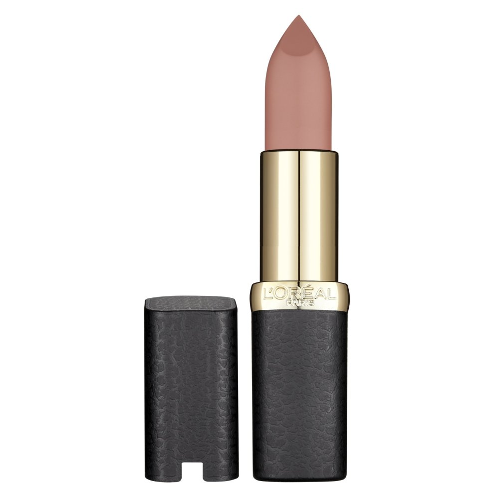 L'Oreal Color Riche Matte Addiction Lipstick in shade 634 Greige Perfecto features a sleek black and gold tube with a soft, muted beige lipstick bullet.