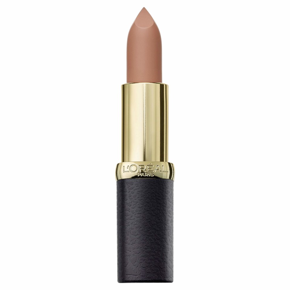 L'Oreal Paris Color Riche Magnetic Stones Matte Lipstick in shade 652 Stone, featuring a creamy nude color with a sleek black and gold tube design.