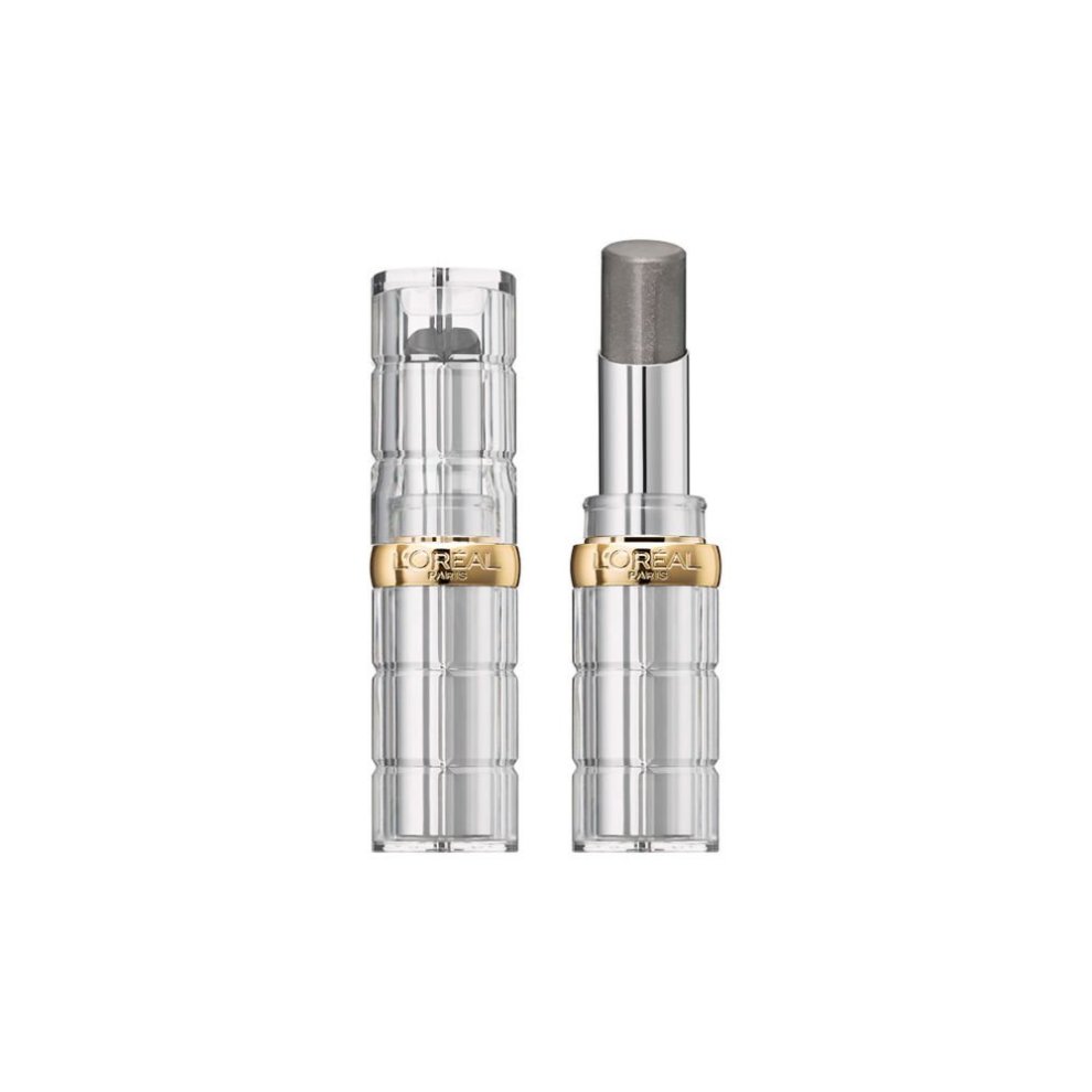 Transparent tube of L'Oreal Paris Color Riche Shine Lipstick in shade 906 #Girlsnight, featuring a gold band and a shiny, metallic lipstick bullet.