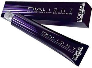 L'Oreal Dia Light Gel-Creme tube in a sleek purple design, featuring "DIALIGHT" prominently, alongside a matching box, both labeled for 4.15 Ash Mahogany shade.