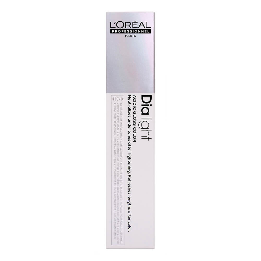 L'Oréal Professionnel Dia Light hair color in 10.22 Lightest Deep Iridescent Blonde, 50ml tube with a sleek silver and white design, featuring product details on the packaging.