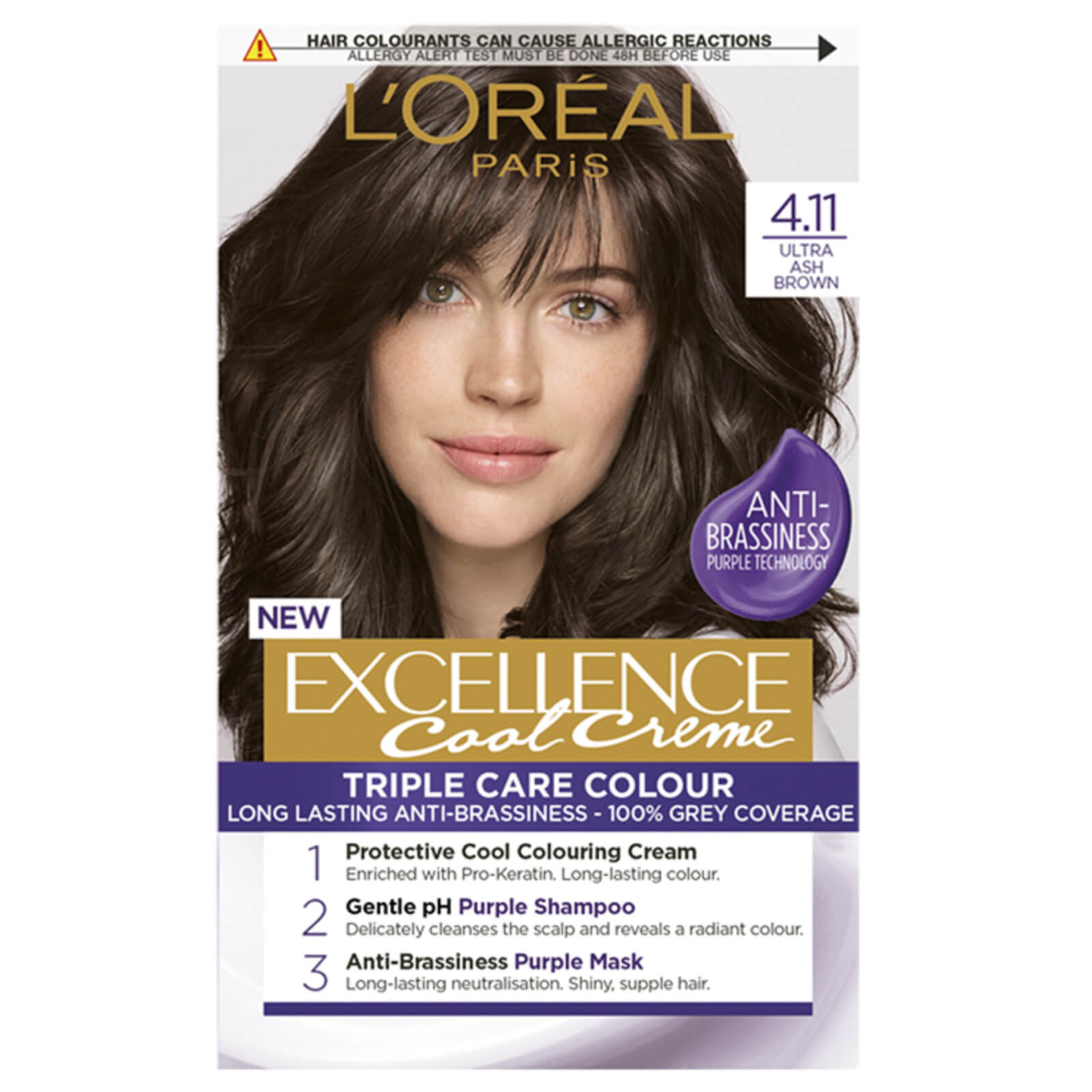 L'Oreal Paris Excellence Creme hair dye box featuring "4.11 Ultra Ash Brown," with a model showcasing rich, dark brown hair and details on anti-brassiness and protective formula.
