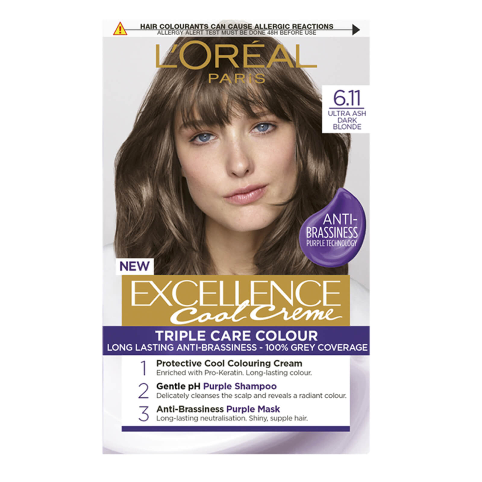 L'Oréal Paris Excellence Crème hair dye box in Ultra Ash Dark Blonde, featuring a model with brown hair, product details, and instructions for use, including anti-brassiness features.