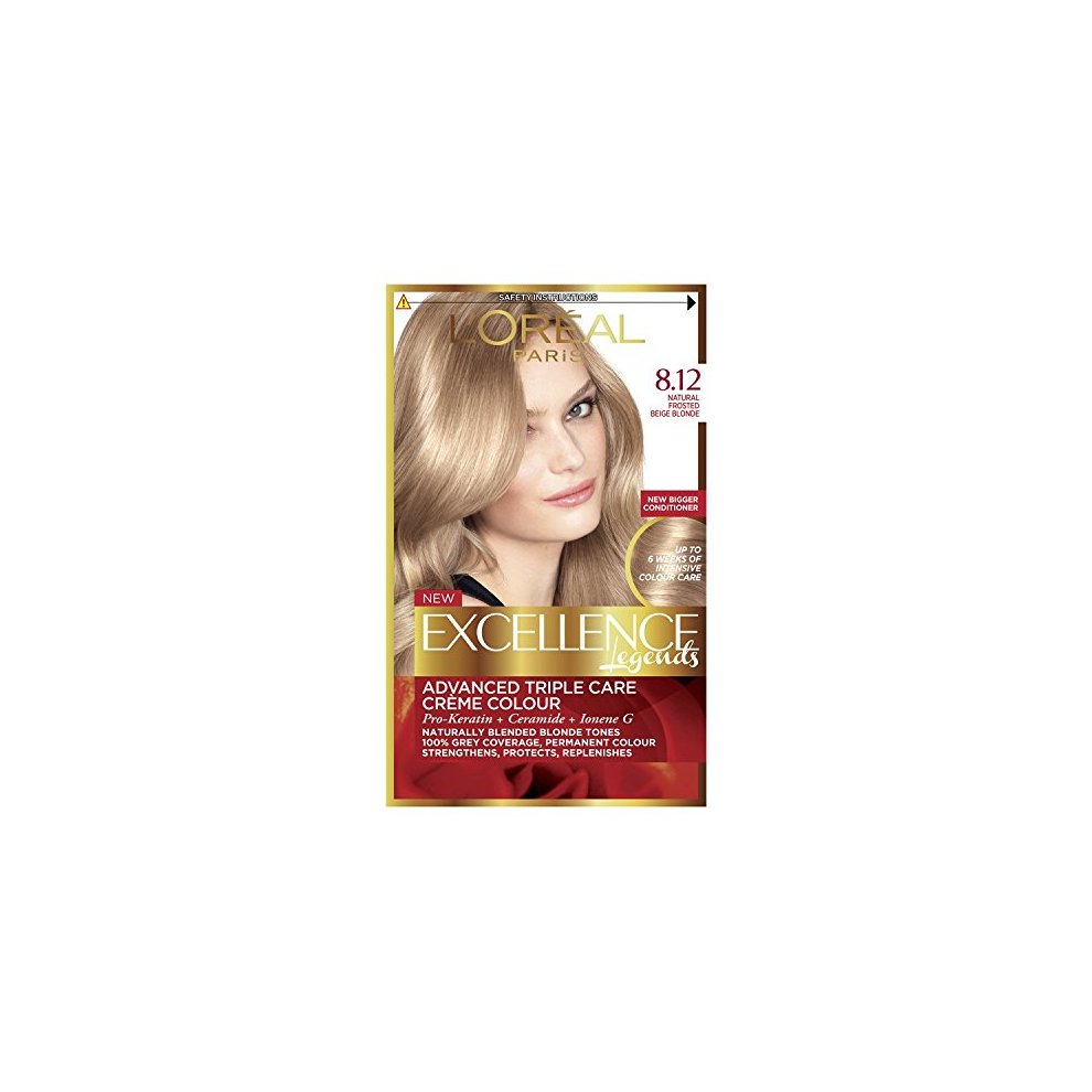 L'Oréal Excellence Crème 8.12 Natural Frosted Beige Blonde hair dye box featuring a model with long, blonde hair and a golden background, highlighting the product's advanced care features.