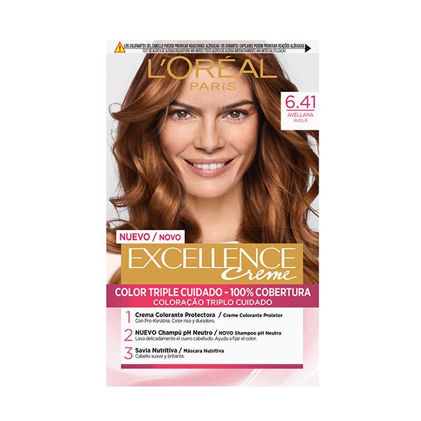 L'Oreal Paris Excellence Creme Tinte #6,41 Avellana packaging features a model with shiny, wavy auburn hair, and includes product details in bold text on a vibrant pink background.