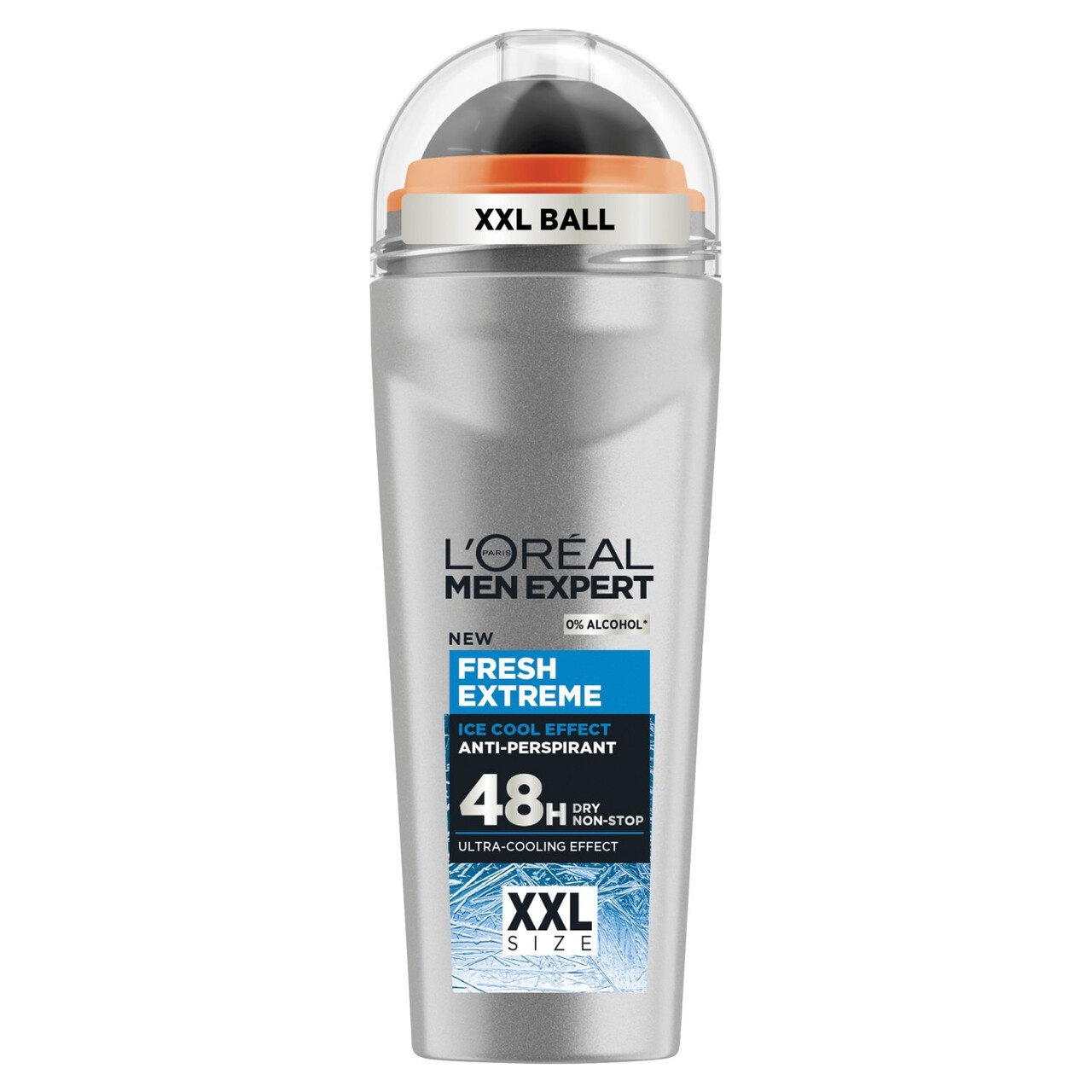Silver roll-on deodorant with a clear dome cap, featuring an orange XXL ball, labeled "L'Oreal Men Expert Fresh Extreme" and "48H Dry Non-Stop" in blue and white text.