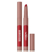L'Oreal Paris Infallible Matte Lip Crayon in shade 113 Brulee Everyday, featuring a sleek brown tube and a creamy, matte lip crayon tip for easy application.