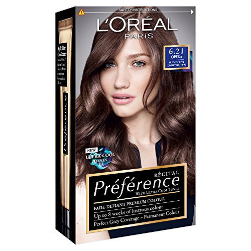 L'Oreal Preference Infinia 6.21 Opera Irridescent Light Brown hair dye box featuring a model with shiny, dark brown hair, showcasing the product name and color details prominently.