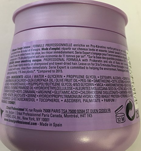 Lavender-colored jar with a smooth, glossy finish, labeled "L'Oreal Professionnel Serie Expert Liss Unlimited Masque," featuring a Keratinoil Complex and 6.7 oz capacity.