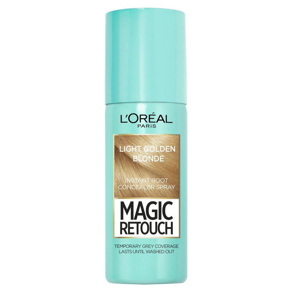 Light golden blonde root touch-up spray in a turquoise canister with a silver cap, featuring a label that highlights "Magic Retouch" and "instant root concealer."