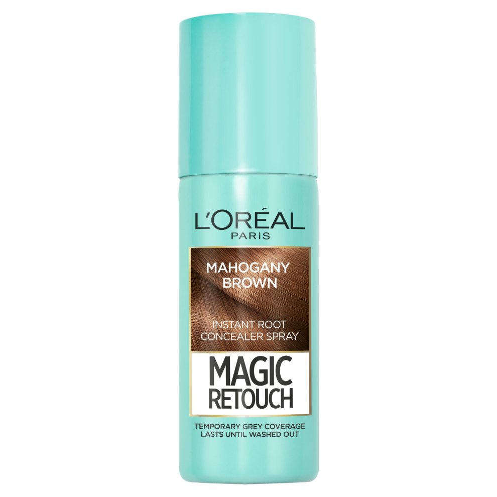 L'Oreal Paris Magic Retouch Spray in Chestnut Mahogany, 75 ml, features a turquoise can with a brown label, designed for instant root touch-up and grey coverage.