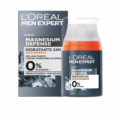 L'Oreal Paris Men Expert Magnesium Defense Hydrating Cream in a 50 ml pump bottle, featuring a dark gray container with orange accents and a sleek design, alongside a matching box.