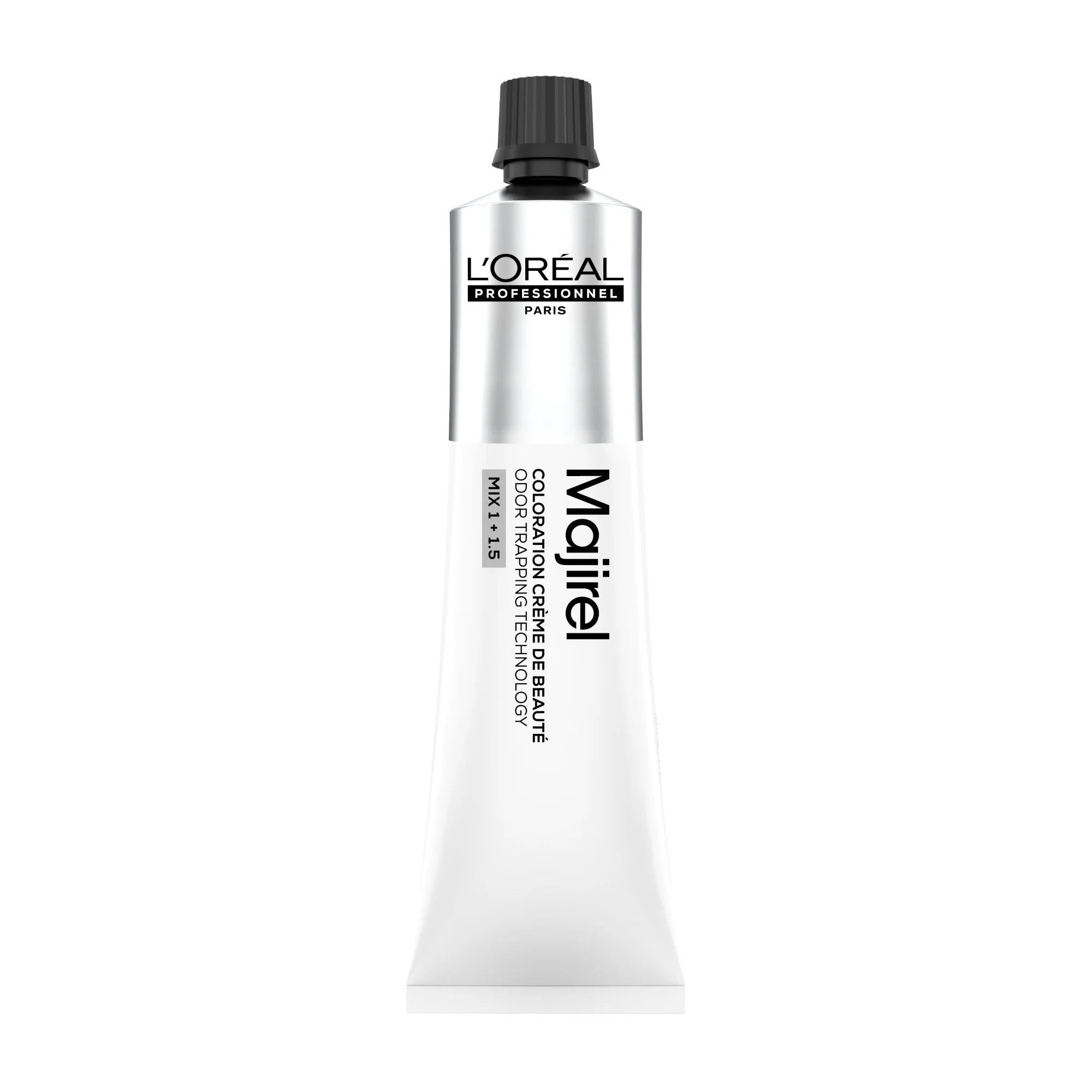 L’Oreal Professionel Majirel Permanent Colouring Cream in a 60ml silver tube with a black cap, featuring sleek branding and a white label detailing its color technology.