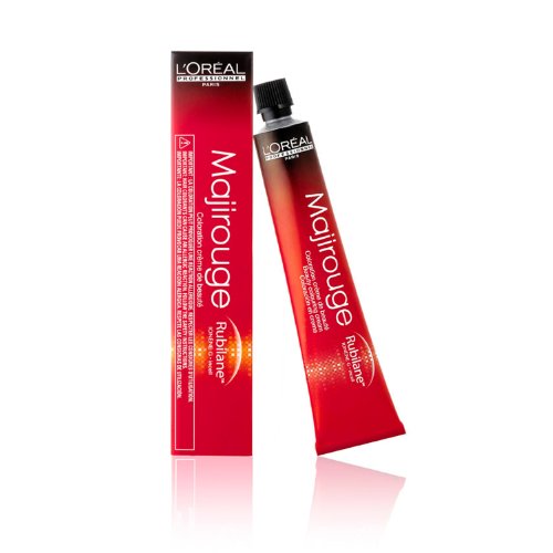 L'Oreal Majirouge hair color in a 50ml red tube, featuring a sleek design with a black cap, alongside a matching red and white box displaying product details.