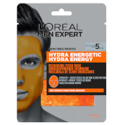 L'Oréal Paris Men Expert Hydra Energetic Tissue Mask in a silver and orange packaging, featuring a model with an orange mask on his face, highlighting energizing skincare benefits.
