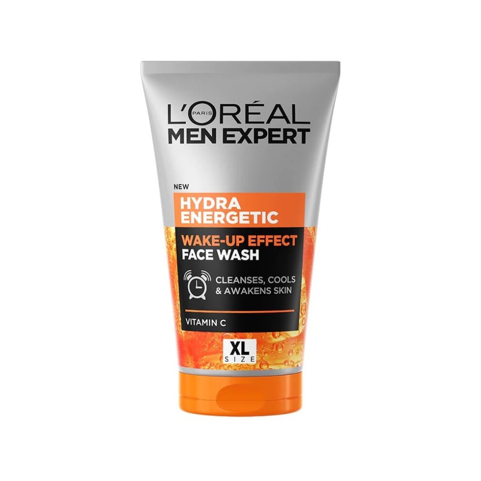 L'Oreal Men Expert Hydra Energetic Wash in a silver and orange tube, featuring bold text, with a focus on energizing skin and containing Vitamin C, 150ml size.