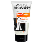 L'Oreal Men Expert InvisiControl Neat Look Clear Gel in a white tube with a black and orange label, featuring a graphic of glasses and a suit, designed for a clean, no-mess application.