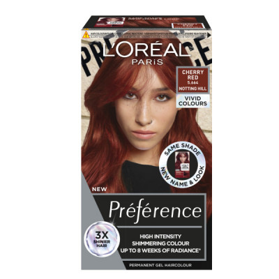 L'Oréal Paris Préférence Vivid Colours hair dye in Cherry Red (5.664), featuring a model with vibrant red hair, showcasing packaging with bold colors and product details.
