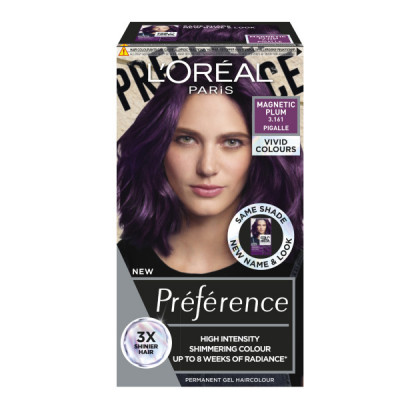 L'Oréal Paris Préférence Vivid Colours hair dye box in Magnetic Plum, featuring a model with vibrant purple hair, highlighting "high intensity" and "up to 8 weeks of radiance."