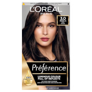 L'Oreal Paris Preference Permanent Hair Dye in shade 3 Brasilia Dark Brown, featuring a model with long, glossy hair and a sleek packaging design with gold accents.