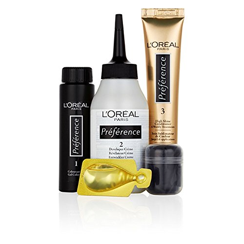 L'Oreal Paris Preference Infinia 4.15 Caracas Iced Chocolate Hair Dye kit includes a colorant tube, developer bottle, shine serum, and a gold capsule, all in sleek packaging.