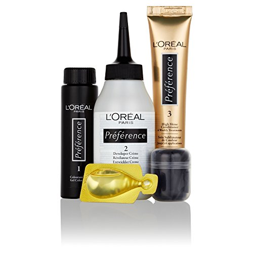 L'Oreal Paris Preference Infinia Hair Dye set includes a black colorant bottle, a gray developer cream bottle, a tube of intense copper auburn dye, and a gold capsule for conditioning.