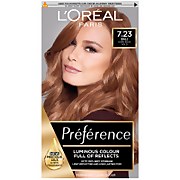 L'Oreal Paris Preference Hair Dye in shade 7.23 Bali, featuring a model with long, shiny, auburn hair, showcasing the product's luminous, permanent color formula.