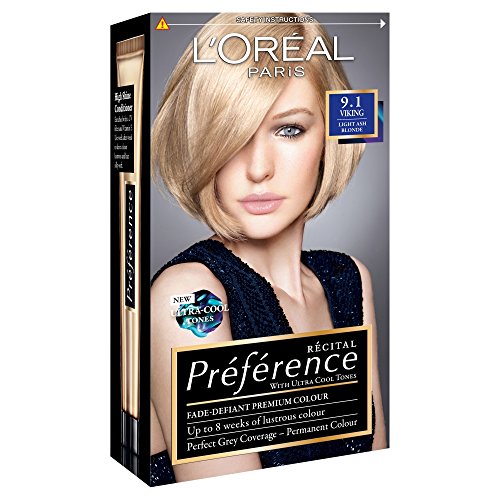L'Oreal Preference Infinia 9.1 Viking Light Ash Blonde Hair Dye box featuring a model with sleek blonde hair, showcasing the product's cool tones and premium color features.