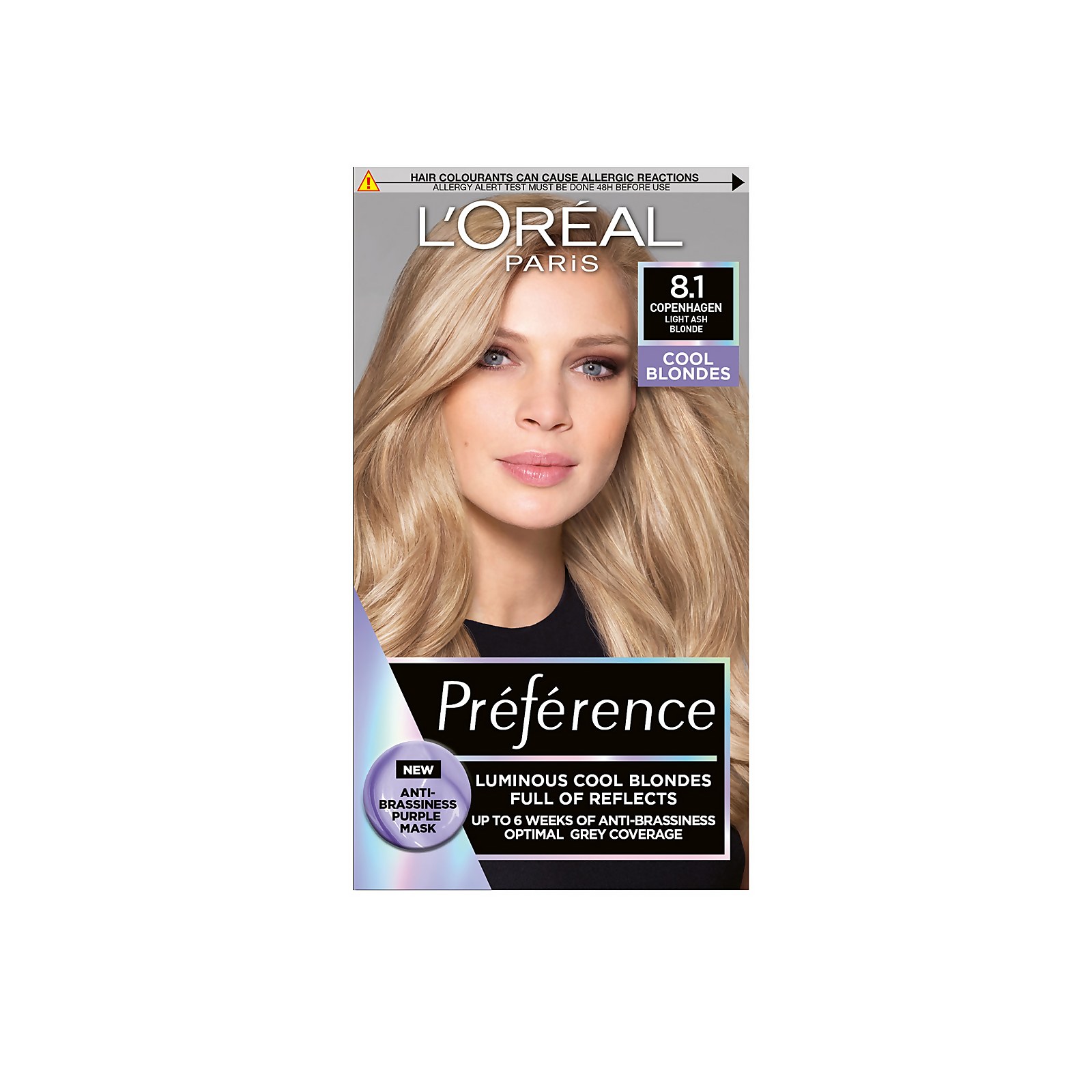 L'Oreal Paris Preference 8.1 Copenhagen Light Ash Blonde hair dye box featuring a model with long, light ash blonde hair, showcasing the product's cool blonde tones and key features.