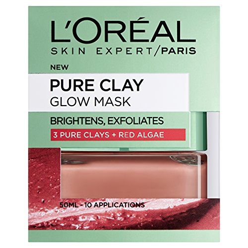 L'Oreal Paris 3 Pure Clays + Red Algae Detox Mask in a 50ml green and white box featuring a pink clay mask tube, labeled for brightening and exfoliating benefits.