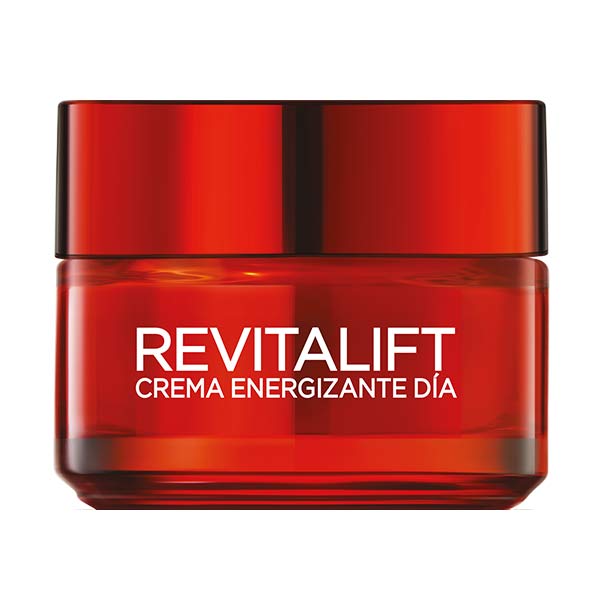 Red glass jar with a black lid, labeled "REVITALIFT CREMA ENERGIZANTE DÍA" in bold white letters, containing 50 ml of L'Oreal Paris Ginseng Rojo cream.