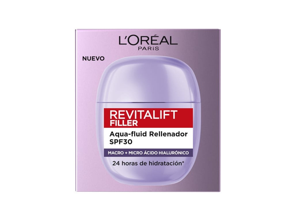Light purple jar with a rounded lid, labeled "Revitalift Filler Aqua-fluid Rellenador SPF30," featuring a red and white design, emphasizing hydration and sun protection.
