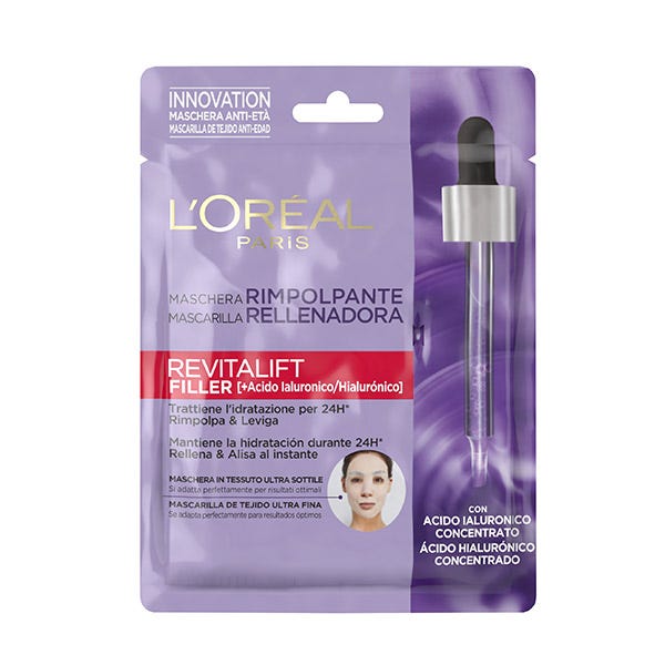 L'Oreal Paris Revitalift Filler Anti-Age Tissue Mask packaging in purple and silver, featuring a dropper graphic and highlighting hyaluronic acid for hydration and plumping effects.