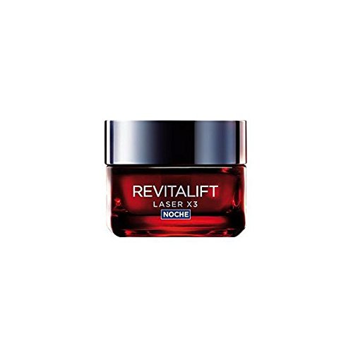 Red glass jar with a black lid, labeled "Revitalift Laser X3 Noche," containing 50 ml of night cream by L'Oreal Paris, featuring a sleek and modern design.